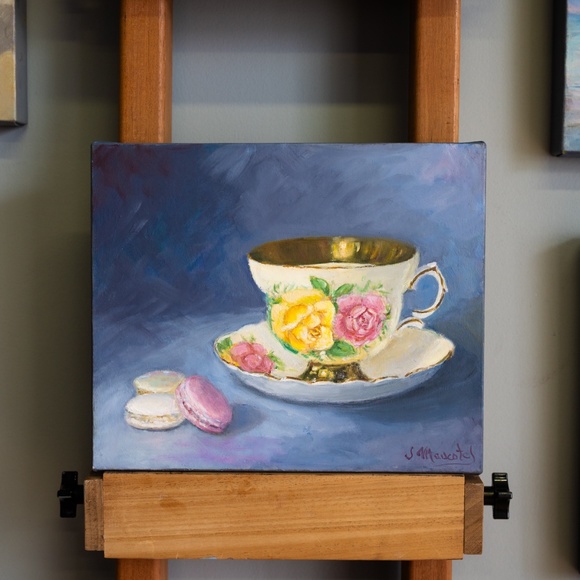 "Yellow cup  rose and three macaroons".Original oil painting on canvas  10" x 12 - Picture 5 of 5